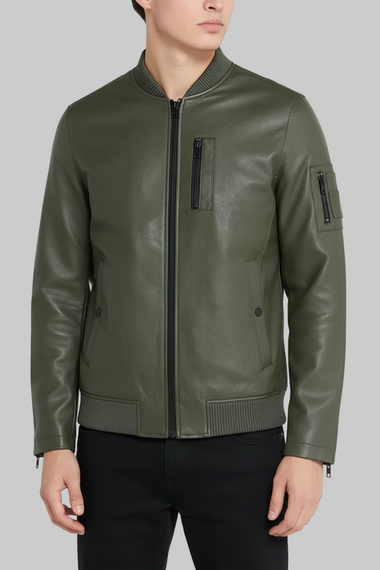 Green leather jacket worn by a person on a white background