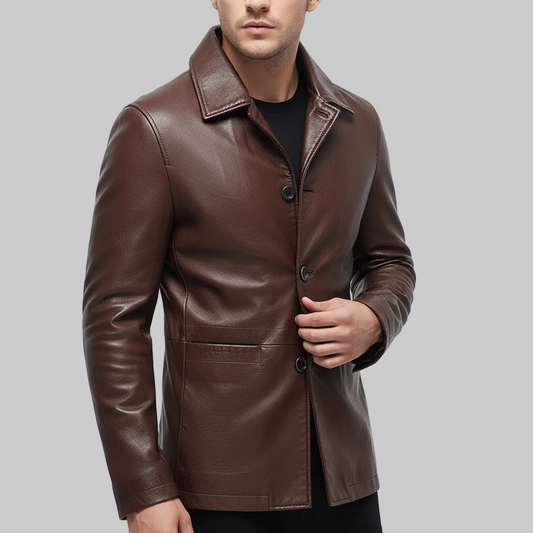 Brown leather jacket worn by a person on a white background