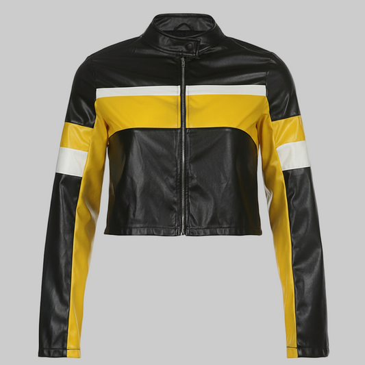Black and yellow leather jacket with white stripes on a white background