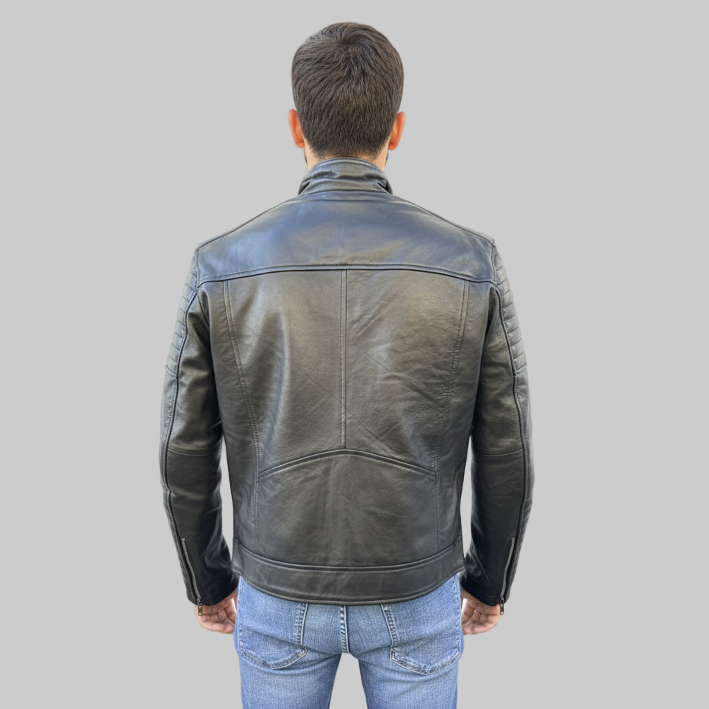 Man wearing a black leather jacket on a white background
