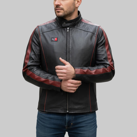 Man wearing a black and red leather jacket with a logo on a blurred street background