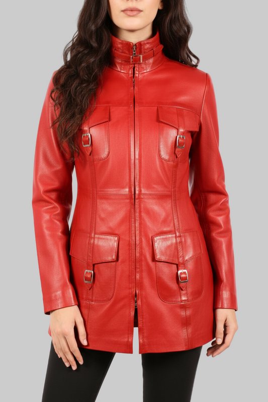 Red leather jacket worn by a model on a white background