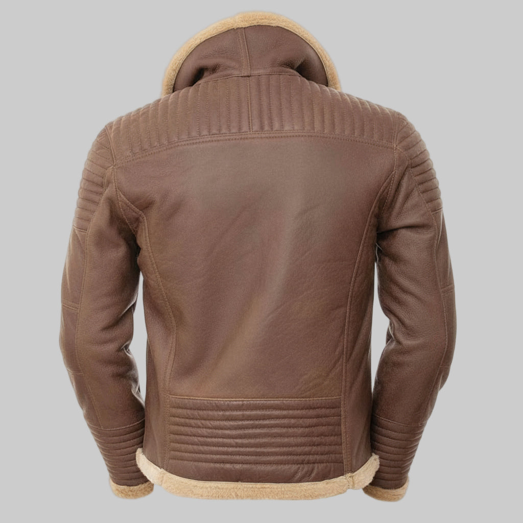 Brown leather jacket with beige lining on a white background