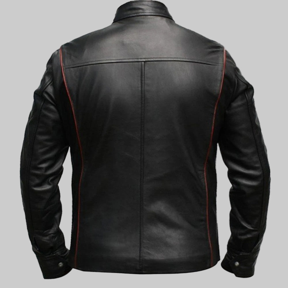 Black leather jacket with red stitching on a white background