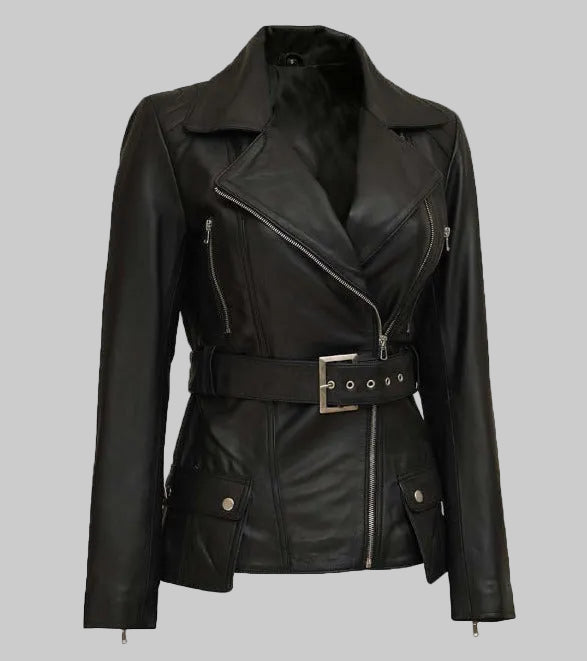 Black leather jacket with a belt on a white background