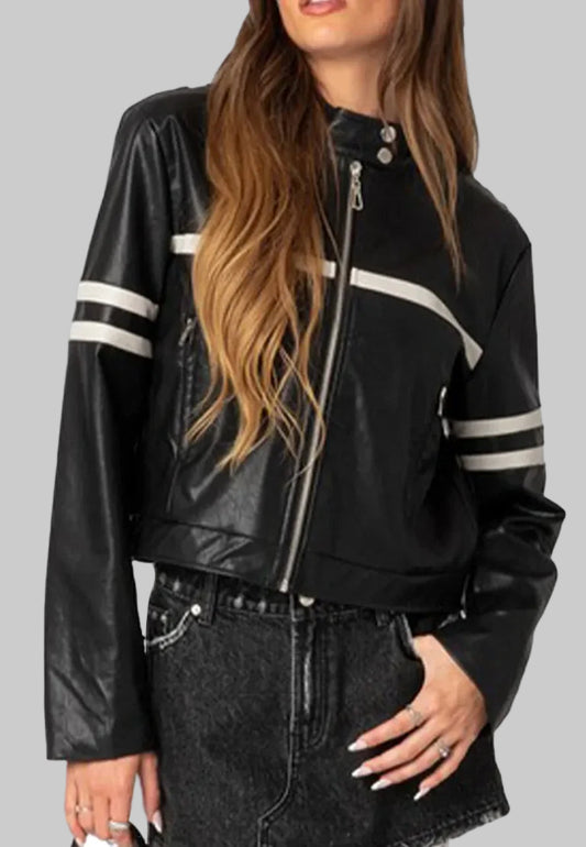 Black leather jacket with white stripes on sleeves worn by a person