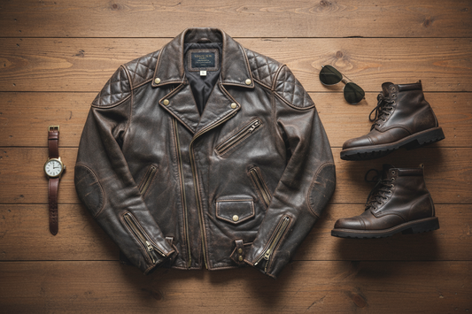 Leather Jacket with shoes, watch and sun glasses