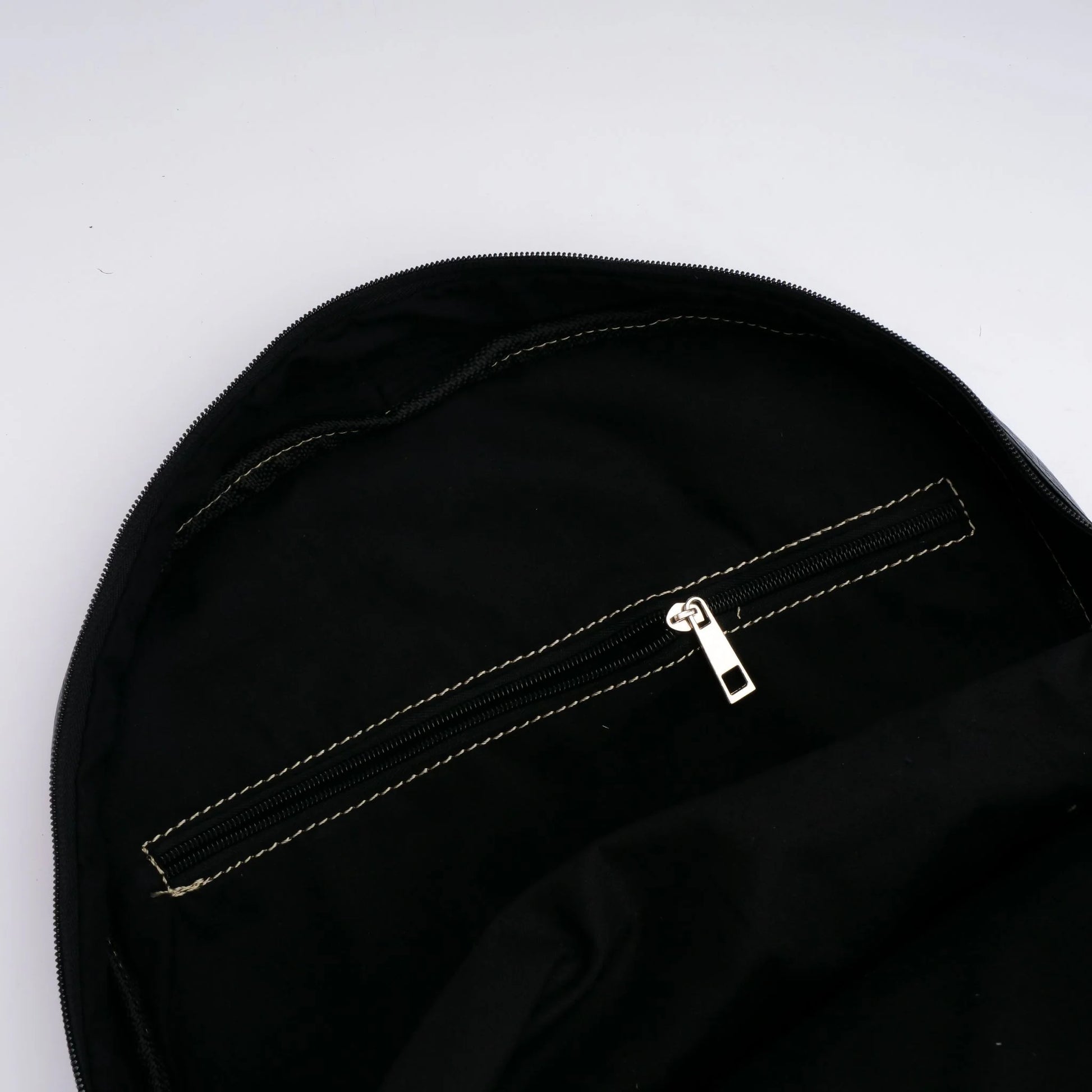 Close-up of a black bag with a zipper on a white background