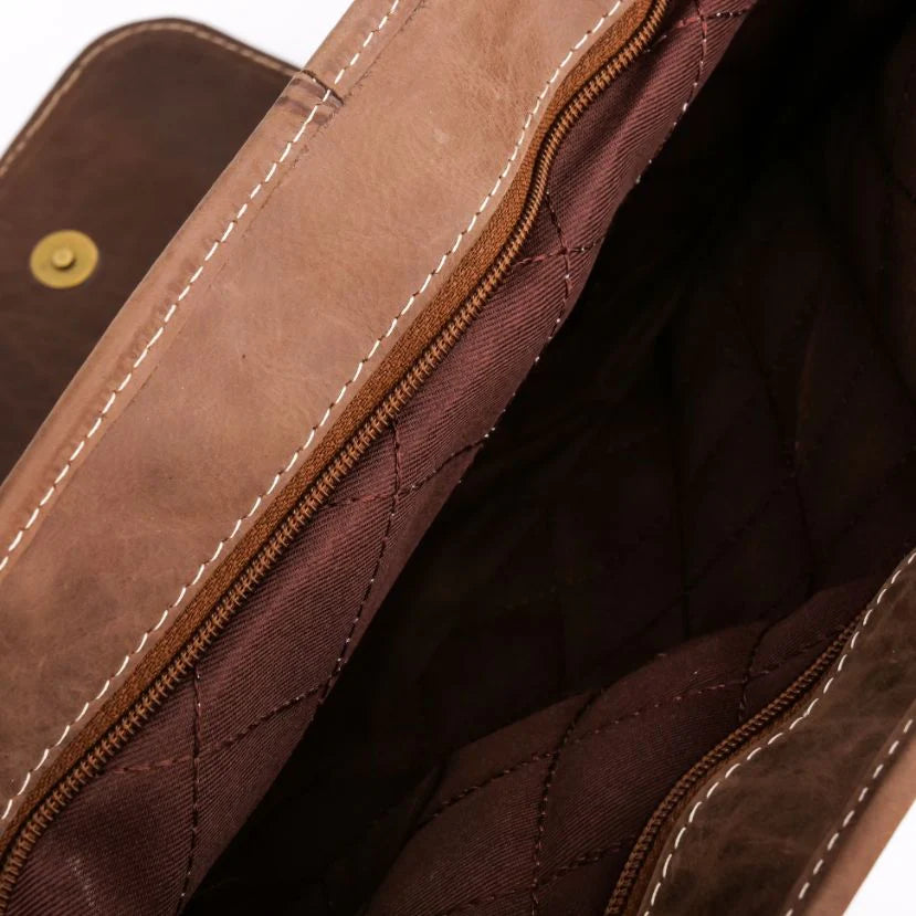 Close-up of a brown leather bag with stitching details