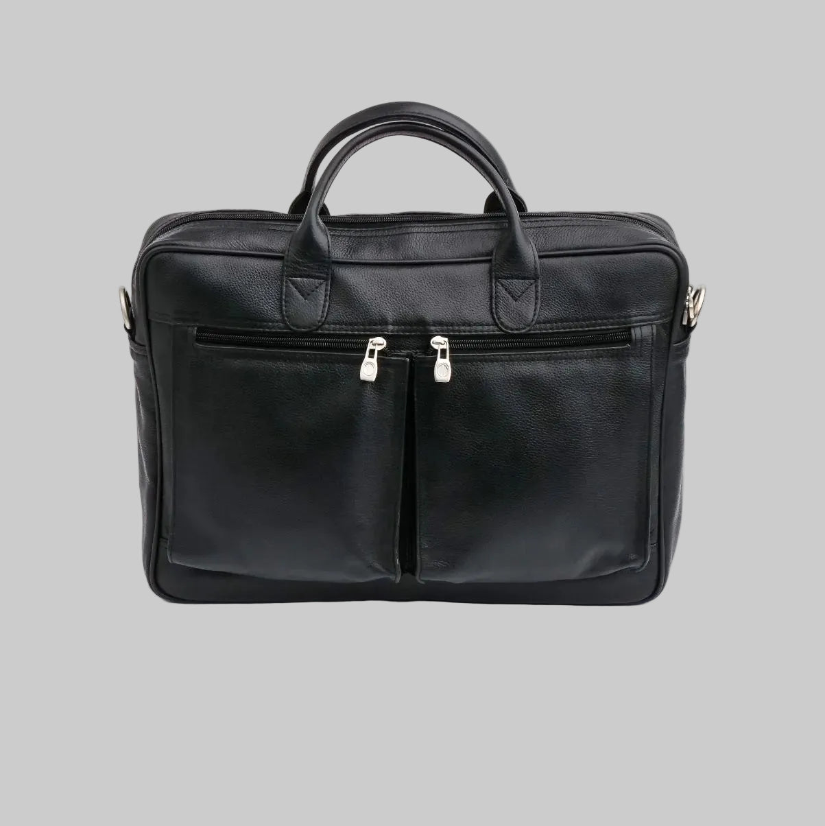 Black leather briefcase with gold zippers on a white background