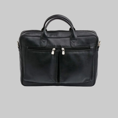 Black leather briefcase with gold zippers on a white background