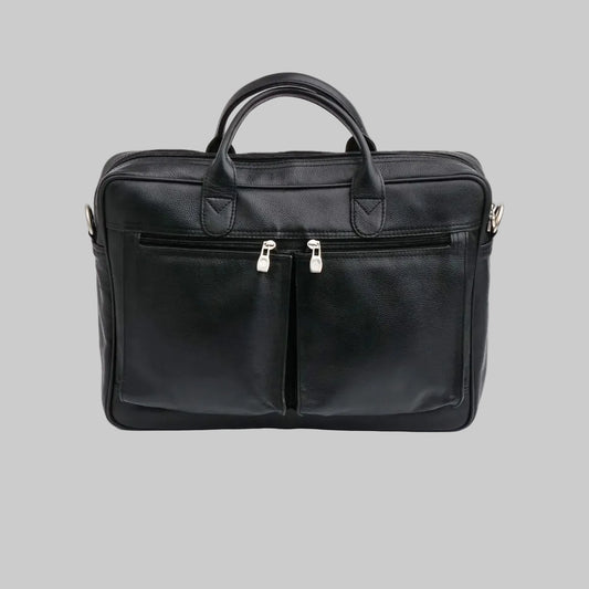Black leather briefcase with gold zippers on a white background