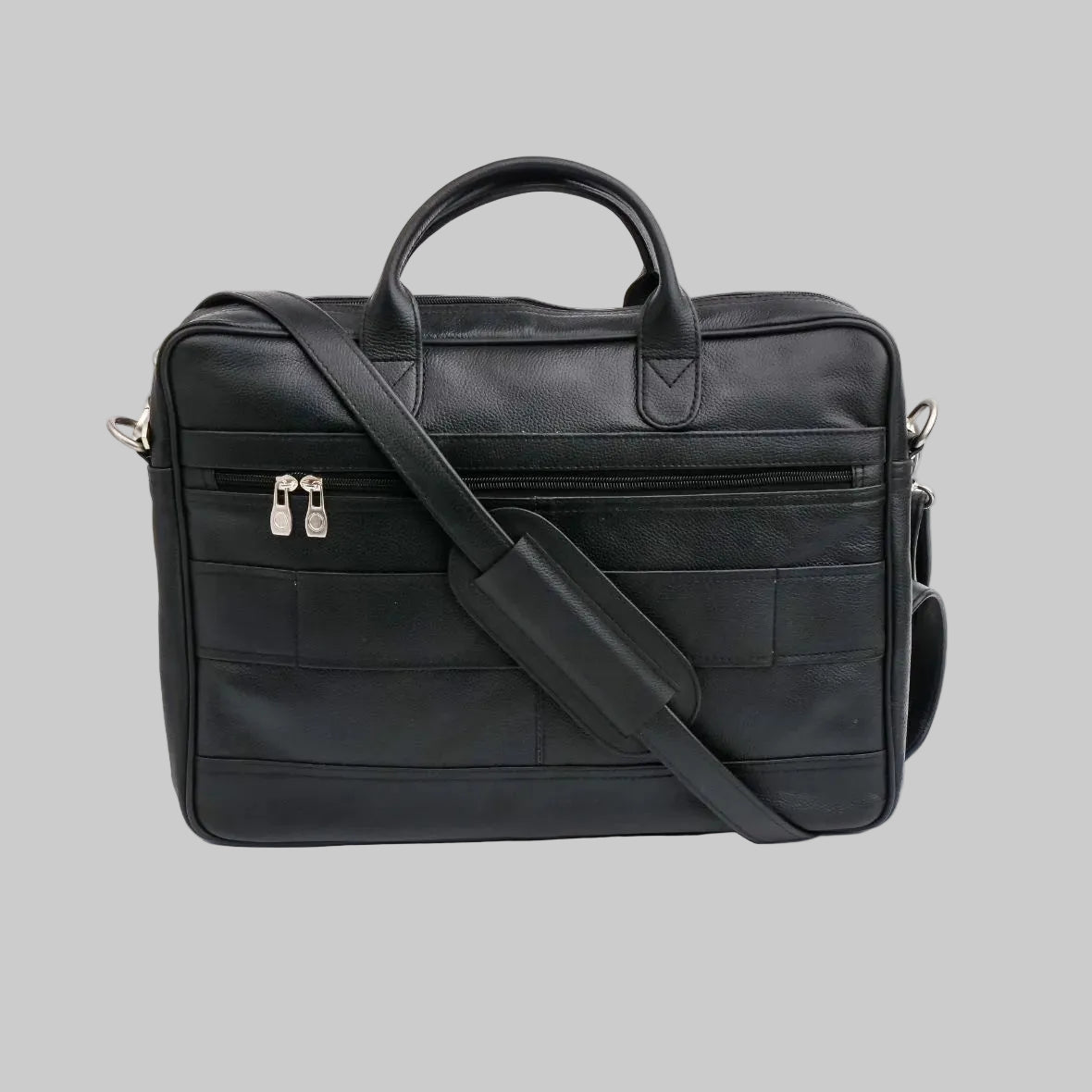 A black leather briefcase with dual top handles, a detachable shoulder strap, and two silver padlock-style zipper pulls on the front pocket, shown against a plain white background.