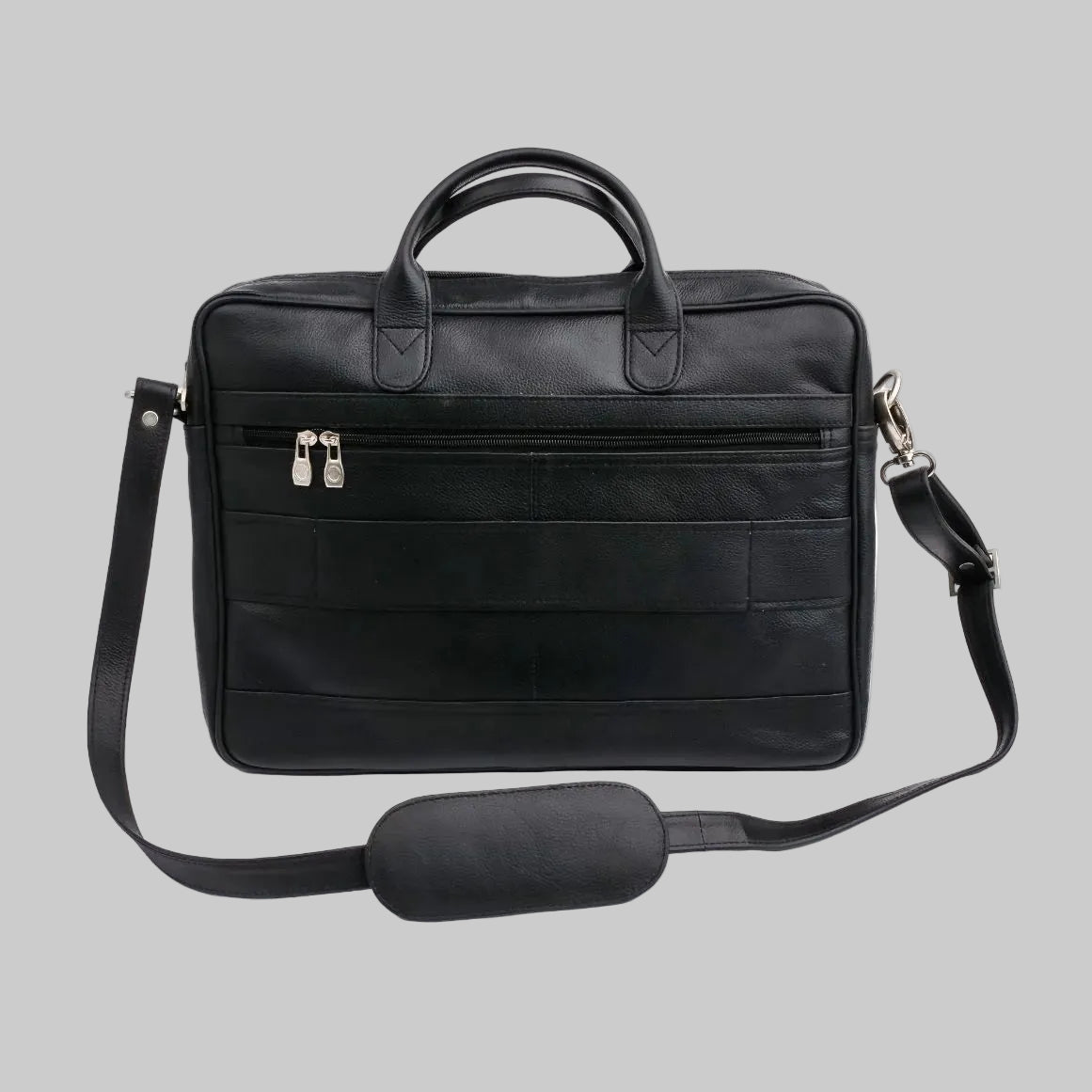Black leather briefcase with shoulder strap on a white background