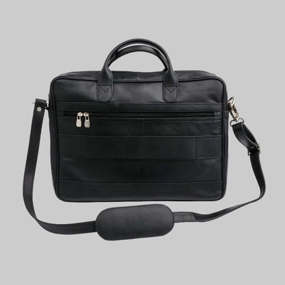 Black leather briefcase with shoulder strap on a white background