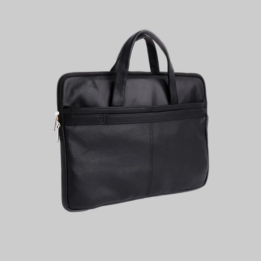 Black leather briefcase on a white background