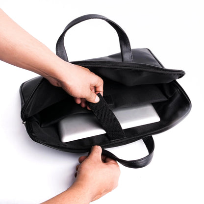 Black laptop bag with a person opening it on a white background