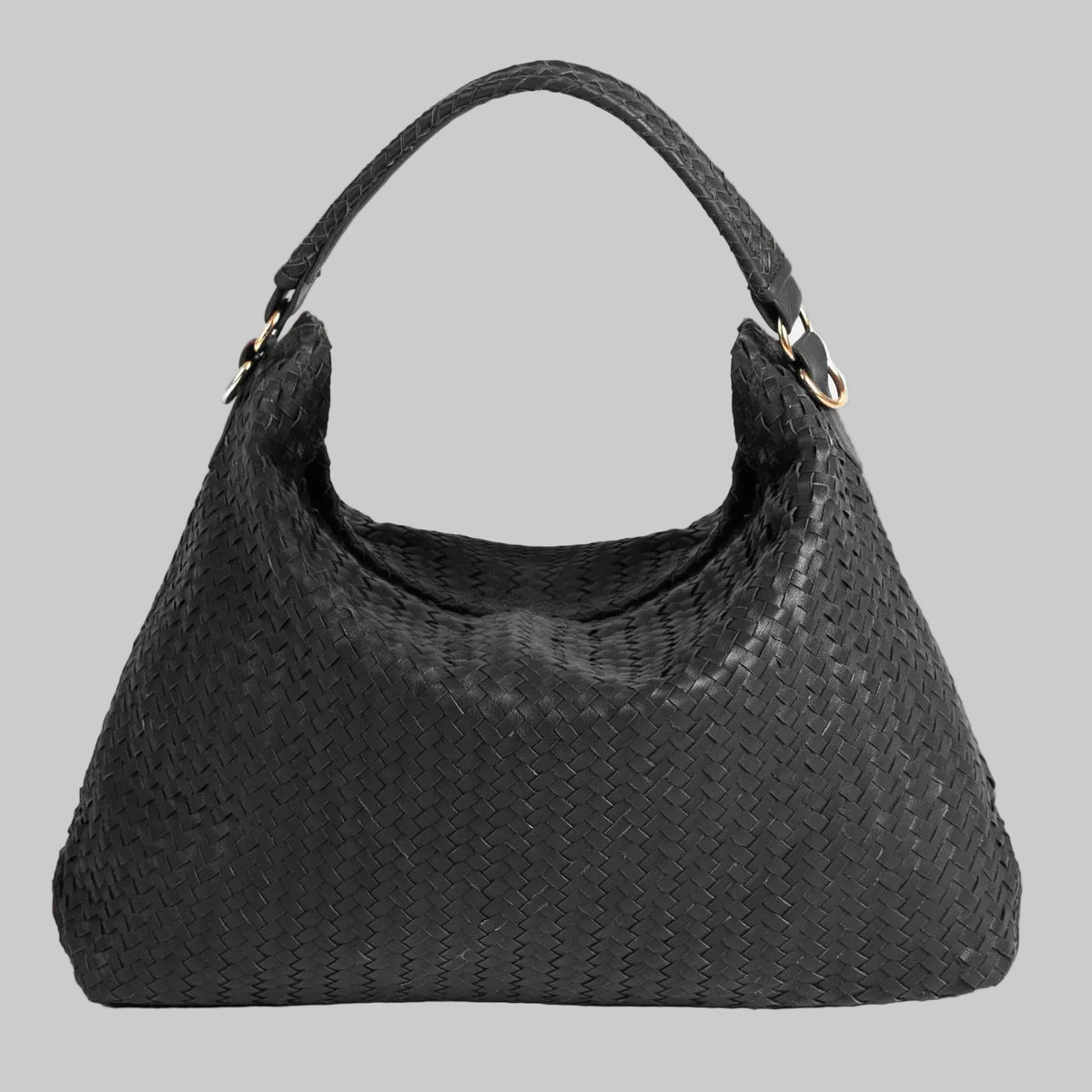 Black woven handbag on a white background