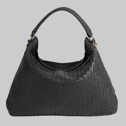 Black woven handbag on a white background