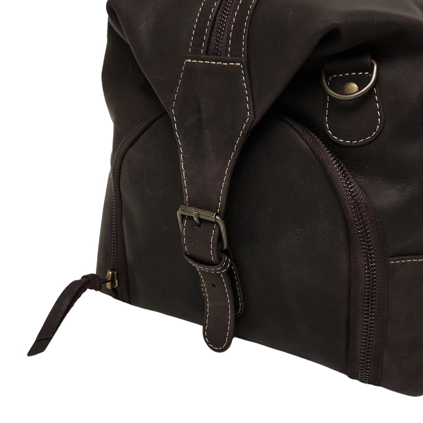 Close-up of a dark brown leather bag with stitching details on a white background