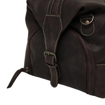 Close-up of a dark brown leather bag with stitching details on a white background