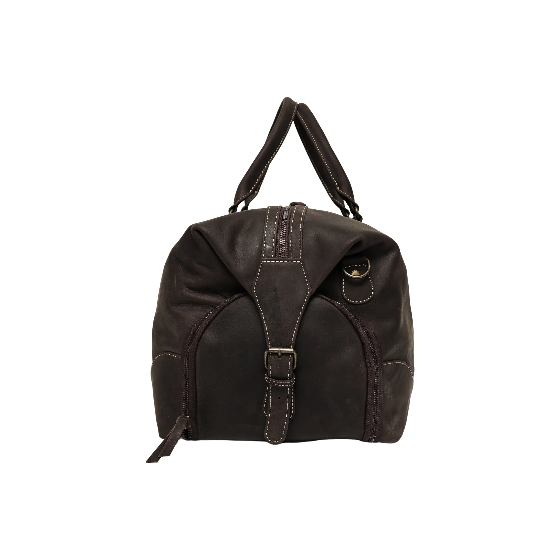 A dark brown leather duffel bag with a front flap, buckle strap, and top handles, shown against a plain white background.