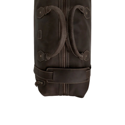 Brown leather duffel bag with a prominent zipper on a white background