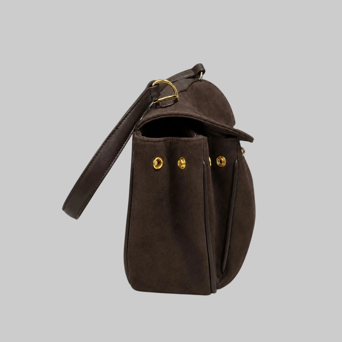 Brown leather bag with gold accents on a white background