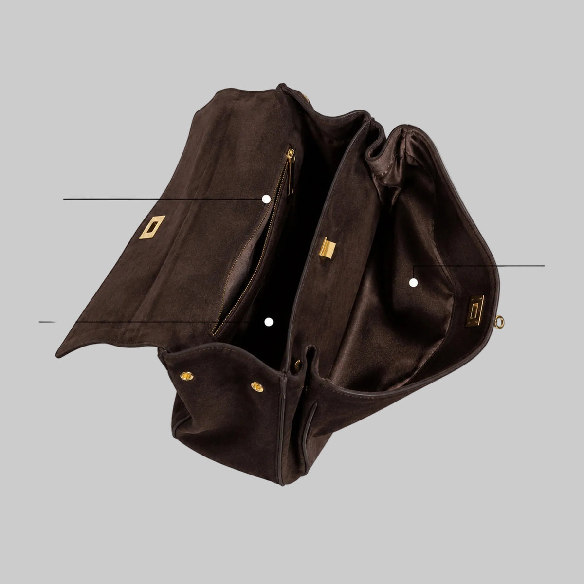 Brown fabric with gold hardware on a white background