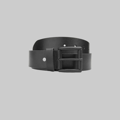Black leather belt with a silver buckle on a light gray background