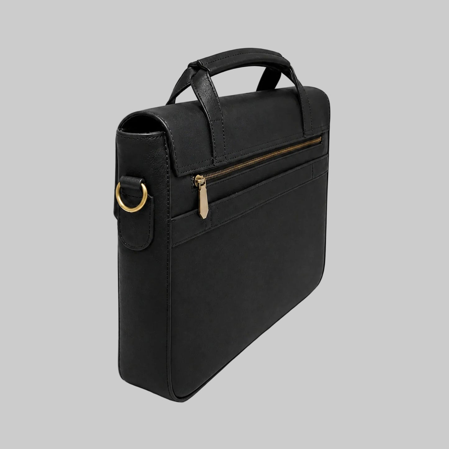 Black leather briefcase with gold zipper and buckle on a white background