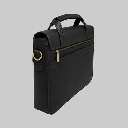 Black leather briefcase with gold zipper and buckle on a white background
