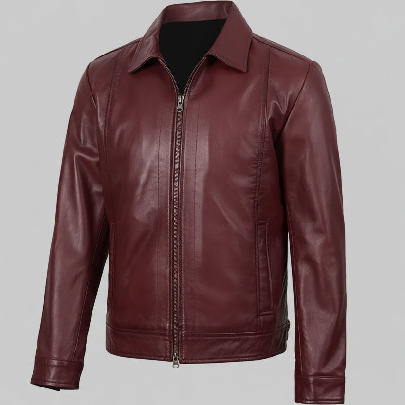 Maroon leather jacket on a white background