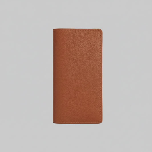 Brown leather wallet on a light gray background