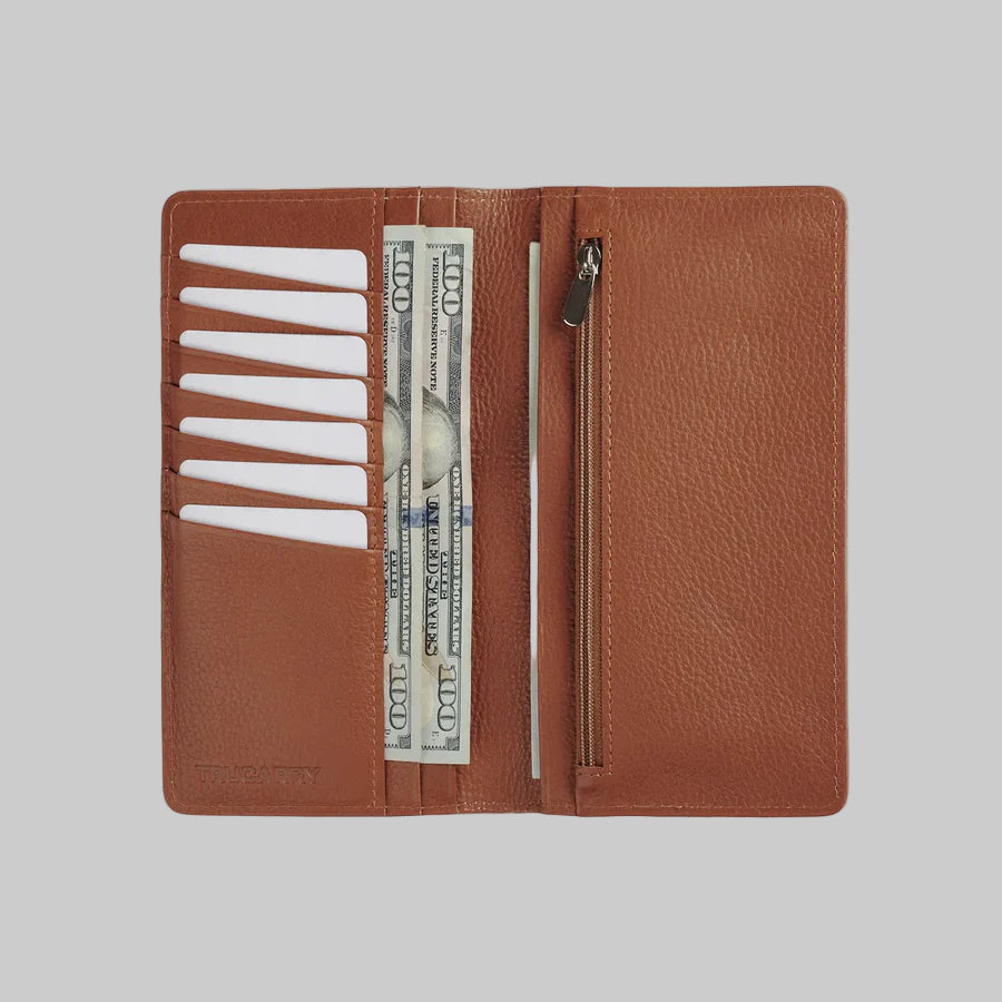 Brown leather wallet with money and card holders on a light gray background