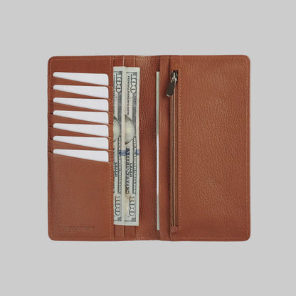 Brown leather wallet with money and card holders on a light gray background