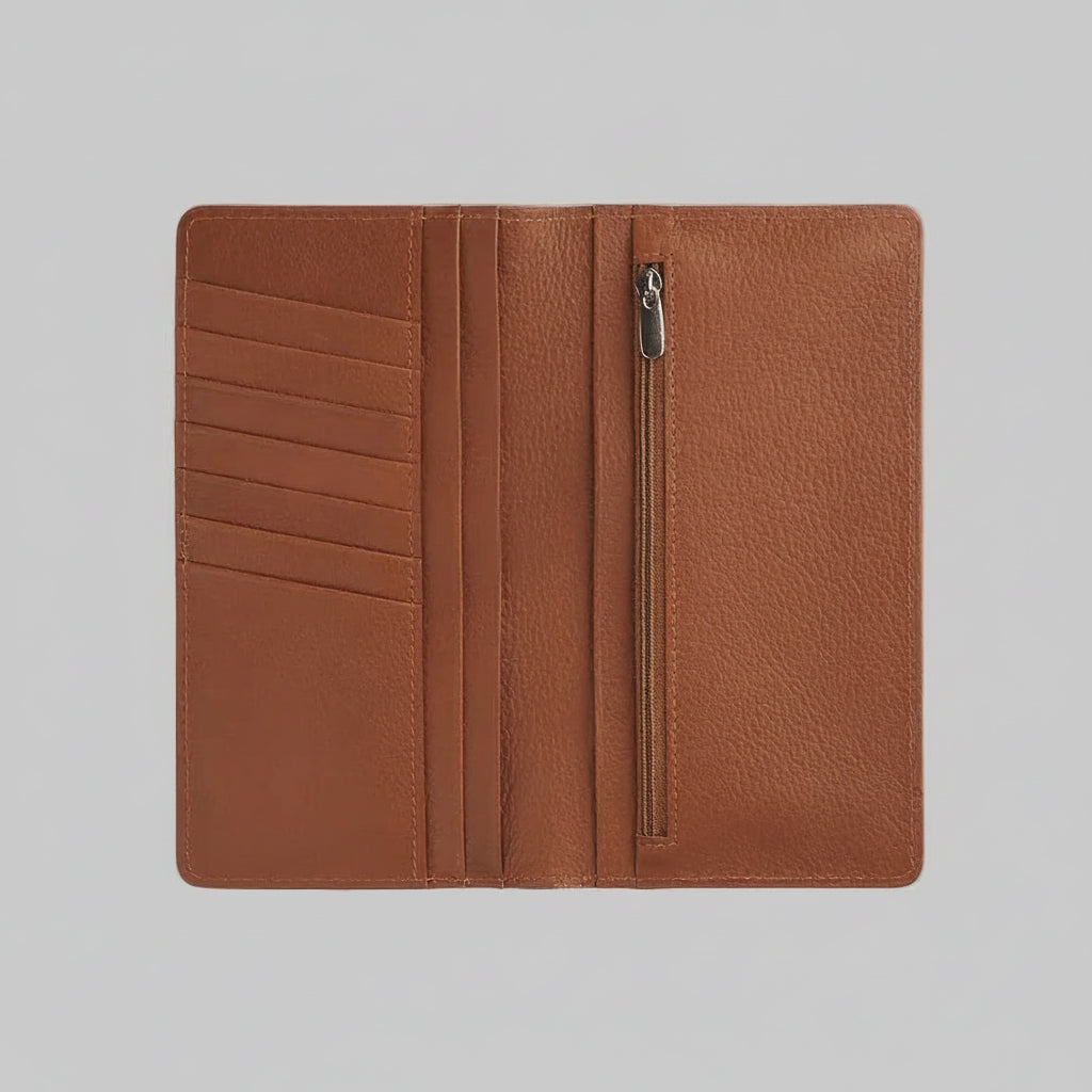 Brown leather wallet with zipper on a light gray background