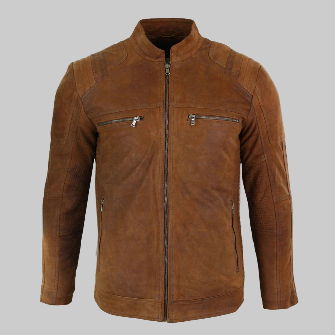 Brown leather jacket on a white background