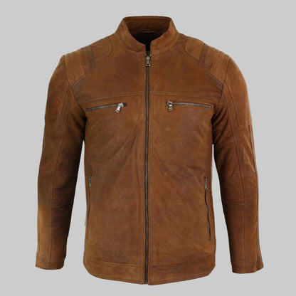 Brown leather jacket on a white background