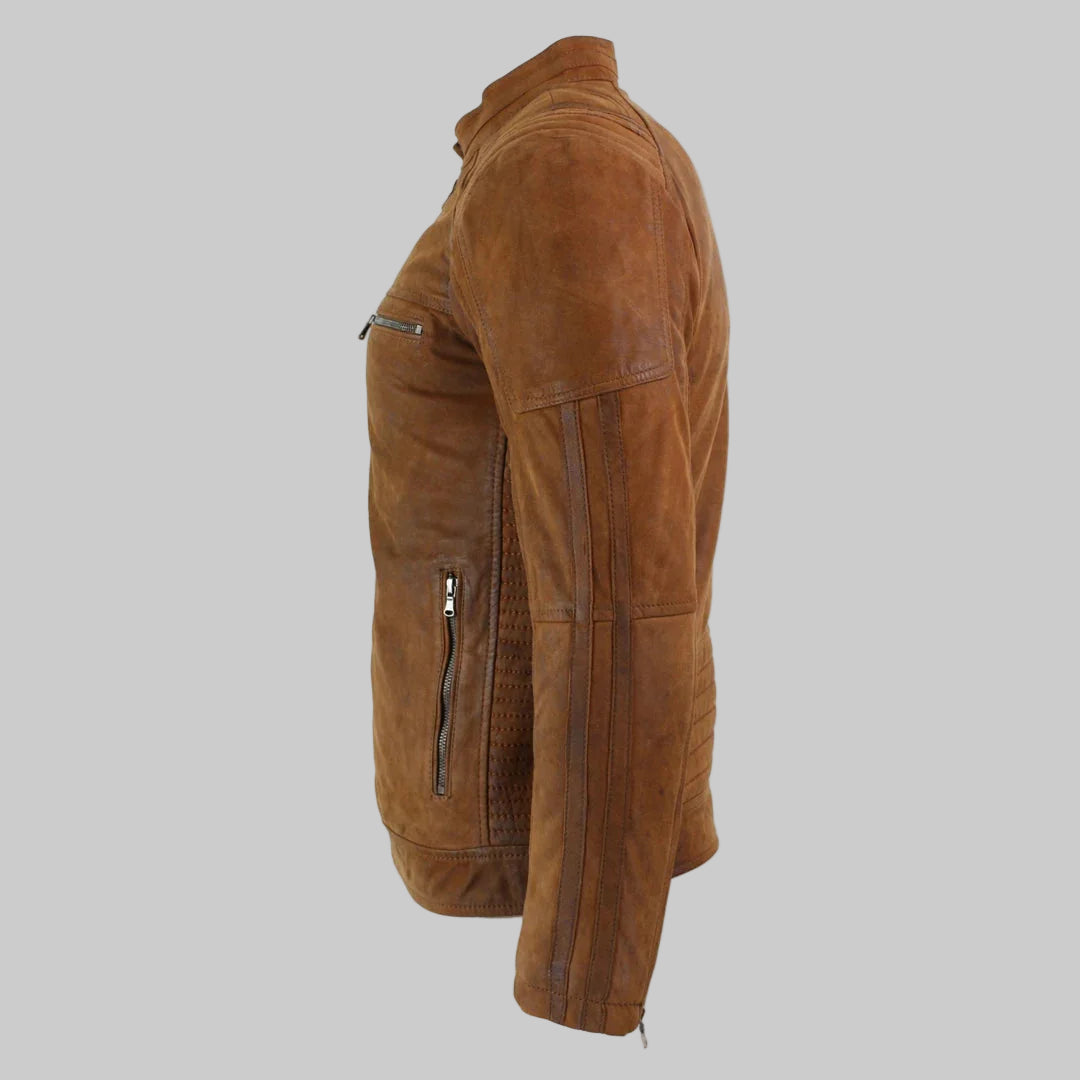 Brown leather jacket on a white background