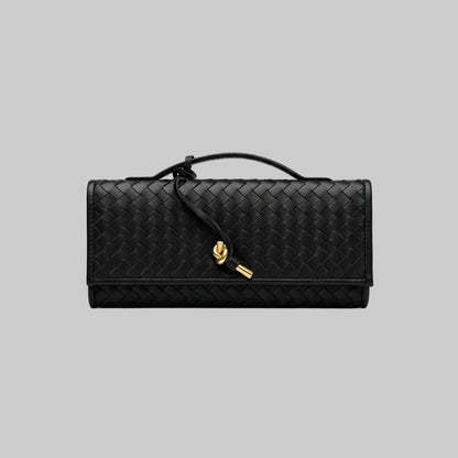 Black leather woven clutch bag with a gold clasp.