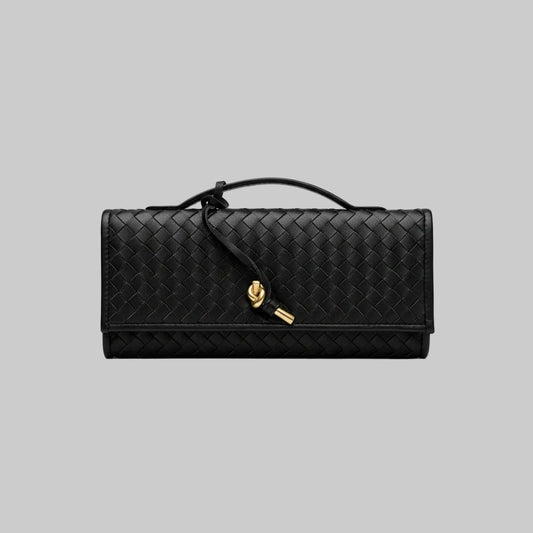 Black leather woven clutch bag with a gold clasp.