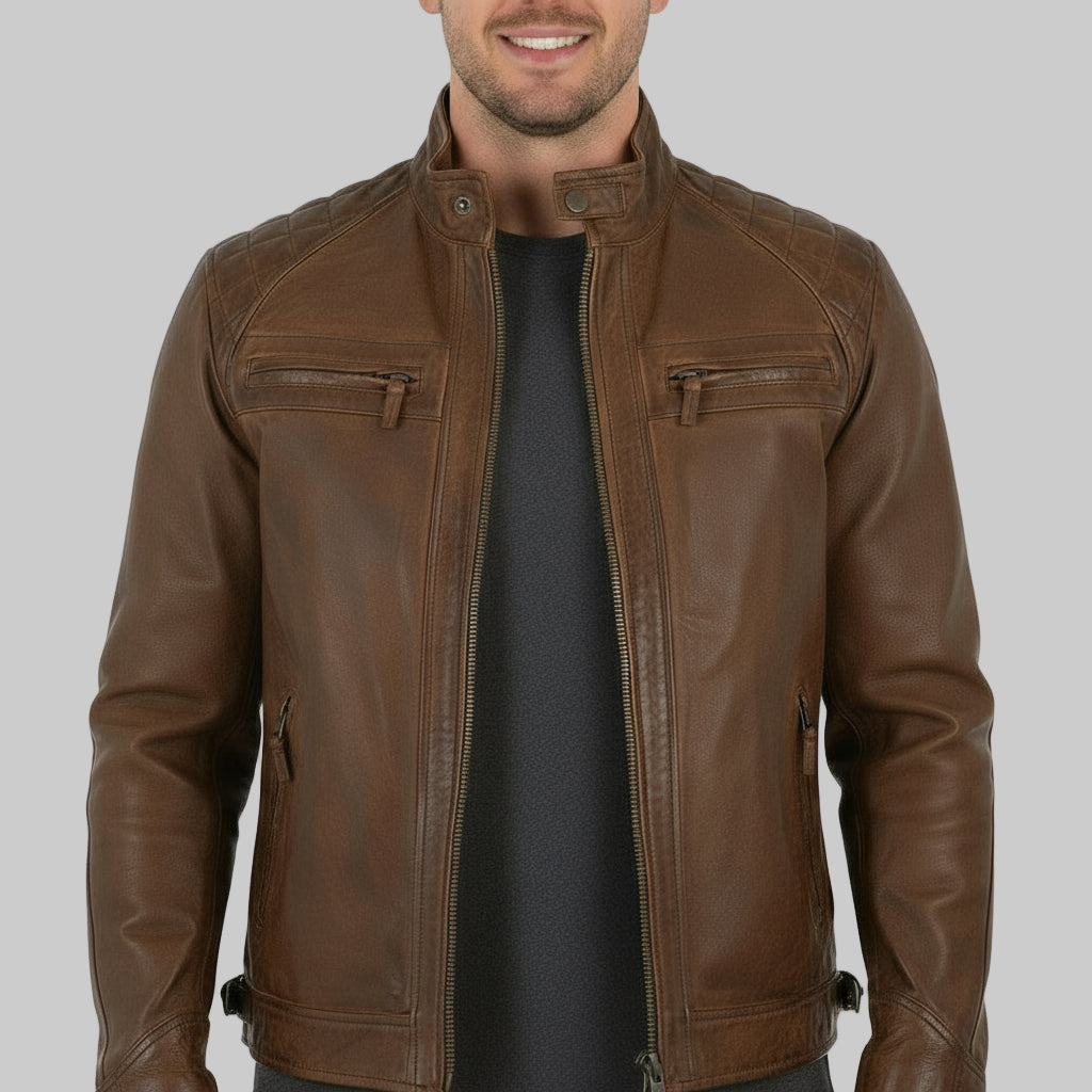 Brown leather jacket on a white background