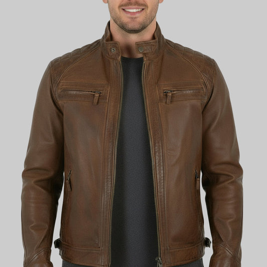 Brown leather jacket on a white background