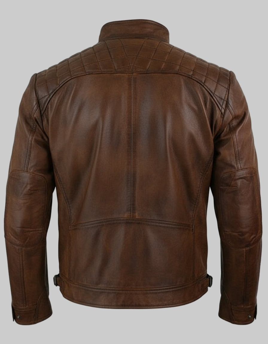 Brown leather jacket shown from the back on a white background