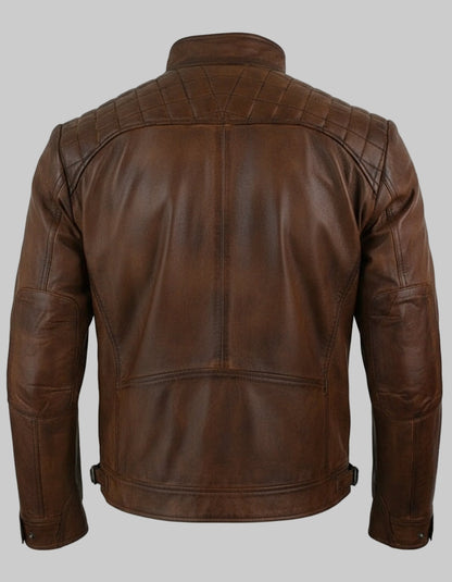 Brown leather jacket shown from the back on a white background