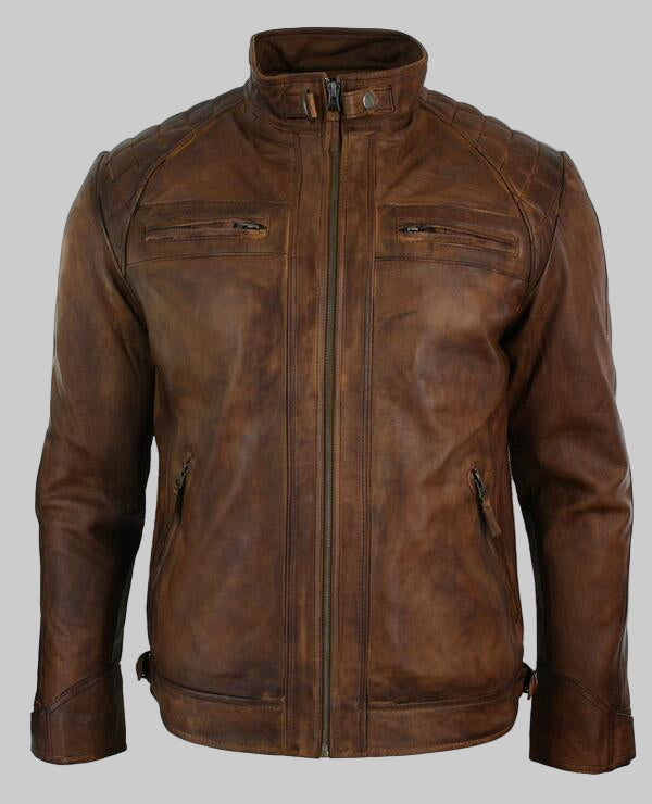 Brown leather jacket on a white background