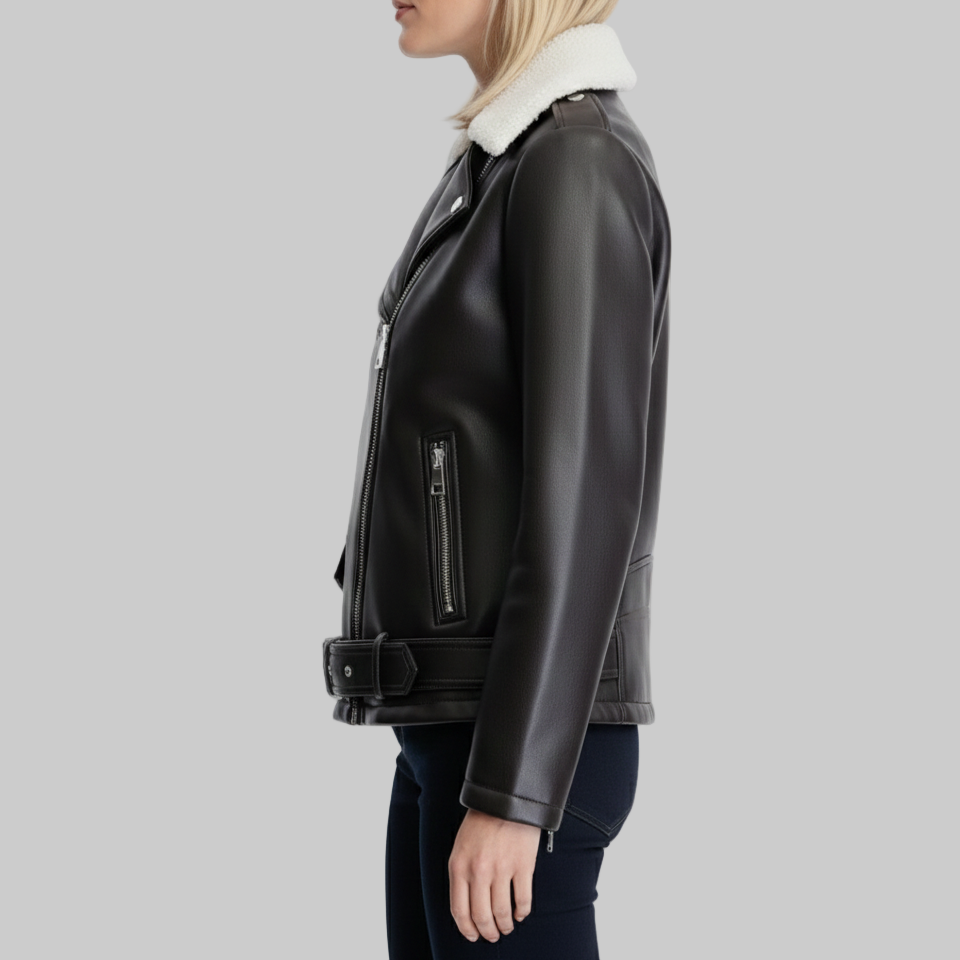 Black leather jacket with white fur lining worn by a person on a white background