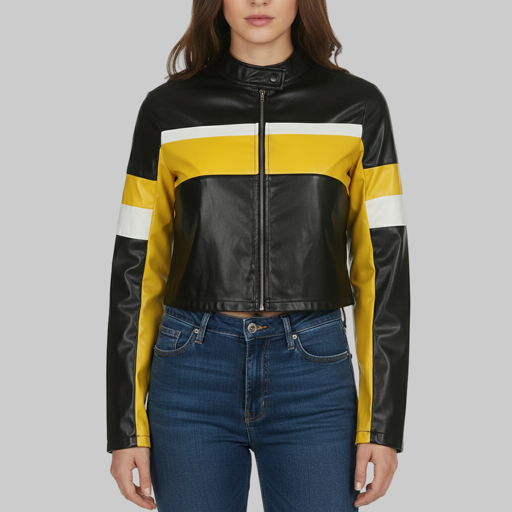 Black and yellow leather jacket with white stripes on a white background