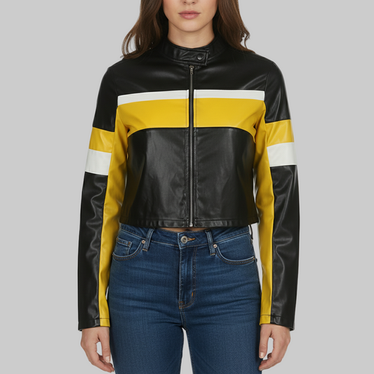 Black and yellow leather jacket with white stripes on a white background